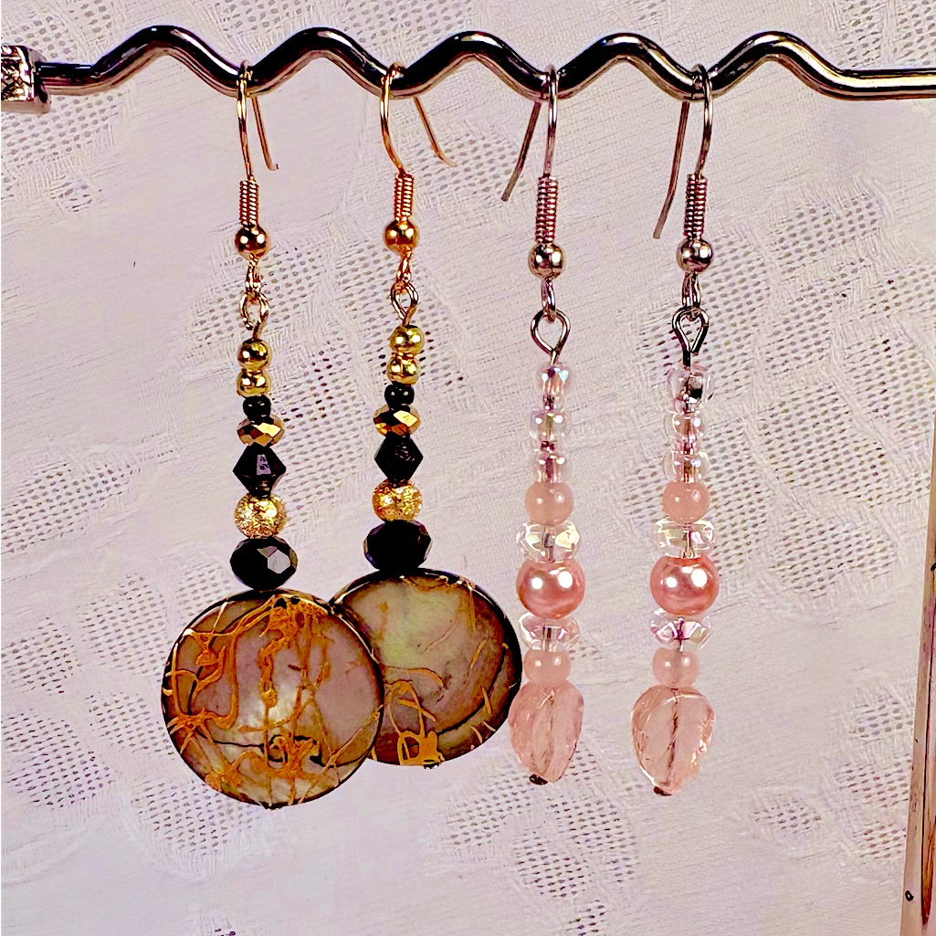 Earrings Pierced Handcrafted Unique Design BlackGold Shells Pink Leaf Pearls 26$